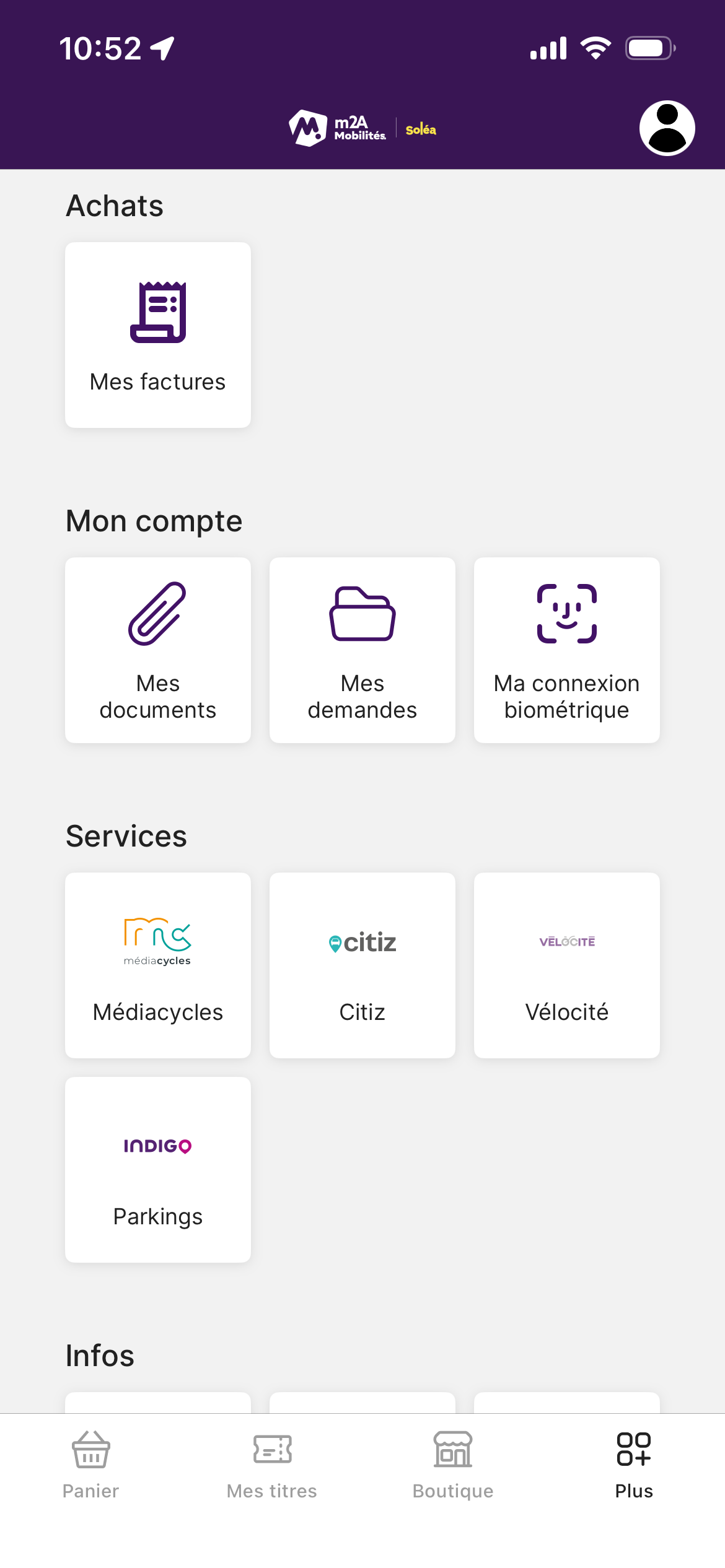 Application m2A Mobilités, capture d'écran de la page plus