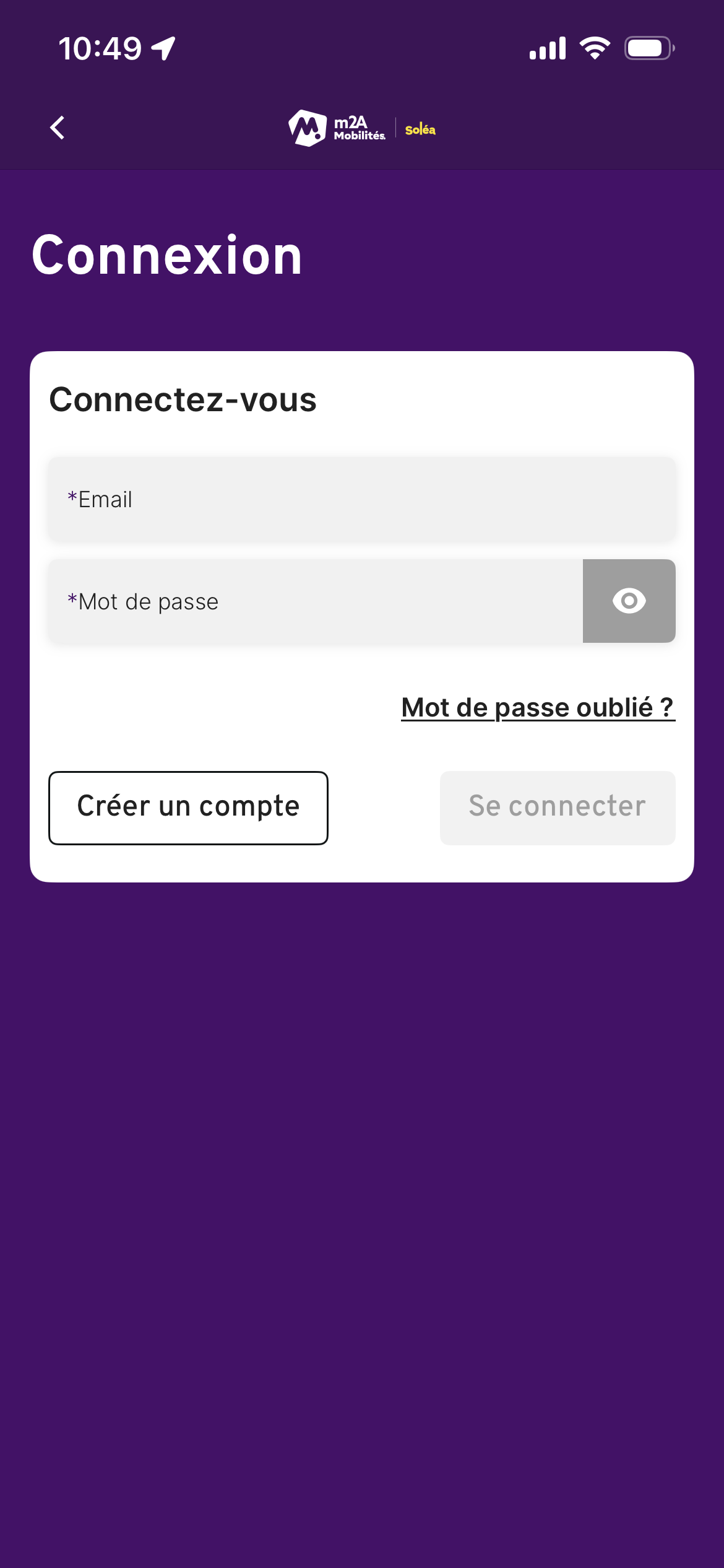 Application m2A Mobilités, capture d'écran de page connexion compte