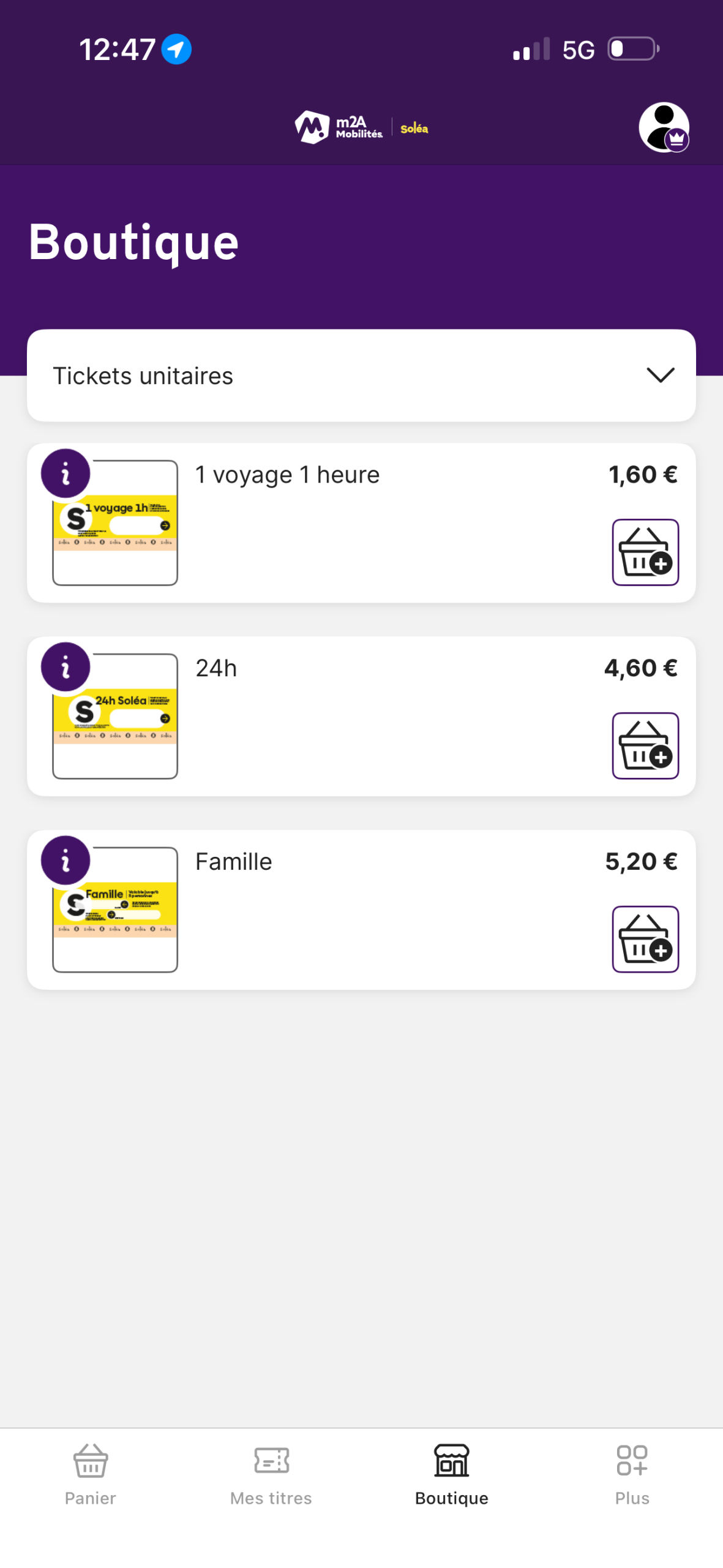 Application m2A Mobilités, capture d'écran de la boutique