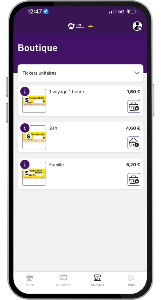 application m2A Mobilités page boutique