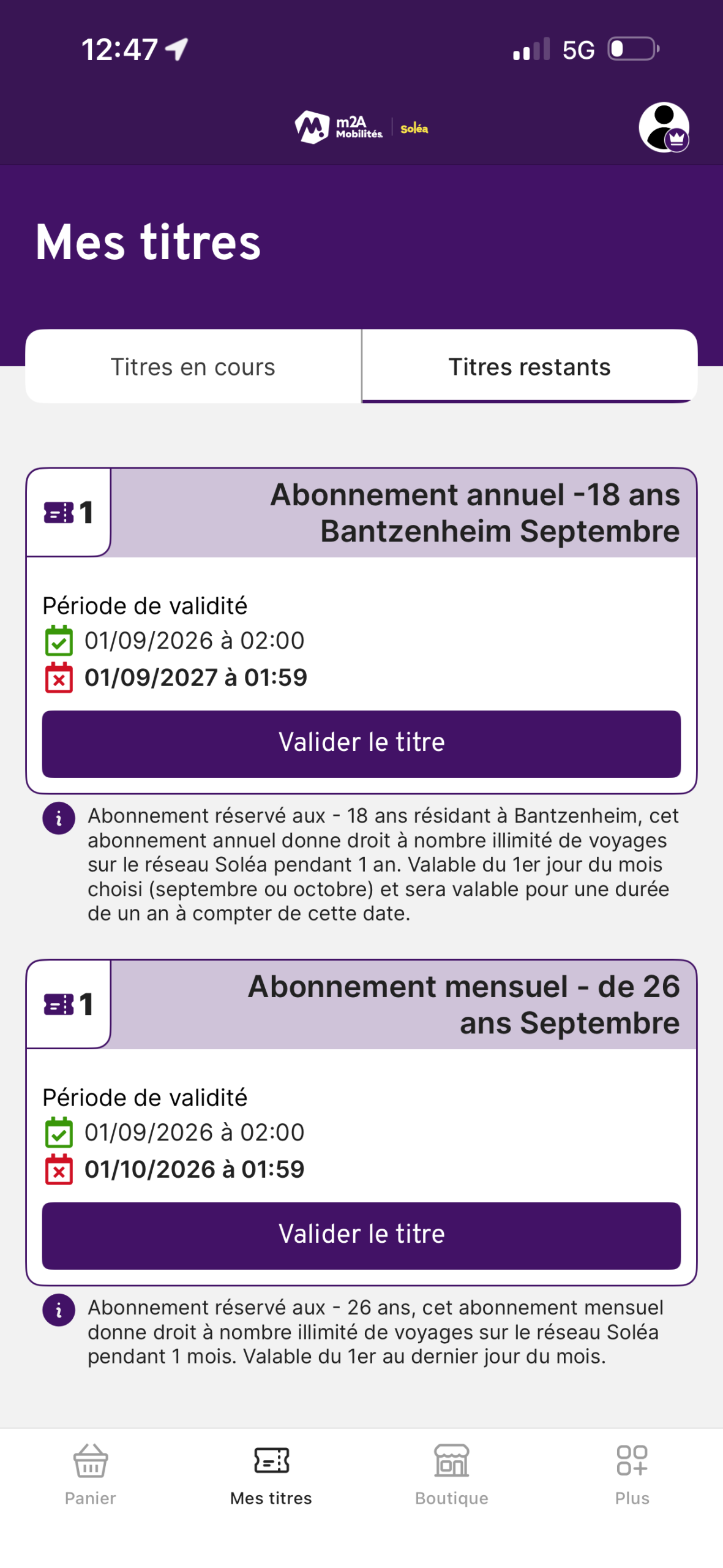 Application m2A Mobilités, capture d'écran des titres restants